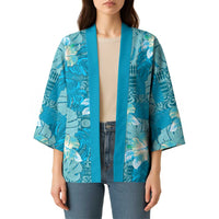 Hawaii Kimono Teal Polynesian Monstera Patterns - Polynesian Pride