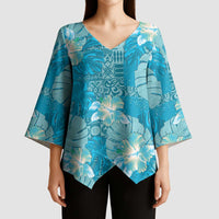 Hawaii Kimono Sleeve Blouse Teal Polynesian Monstera Patterns - Polynesian Pride