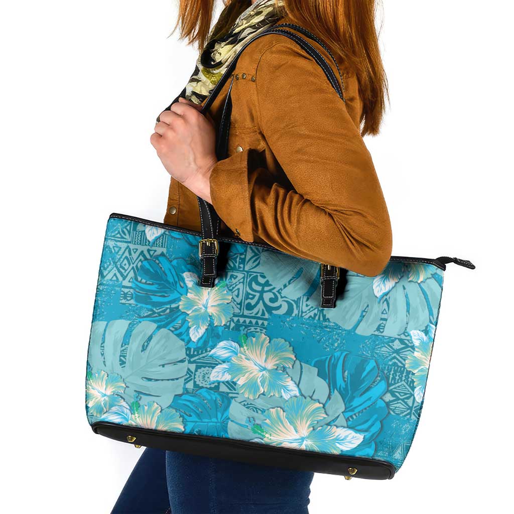 Hawaii Leather Tote Bag Teal Polynesian Monstera Patterns - Polynesian Pride