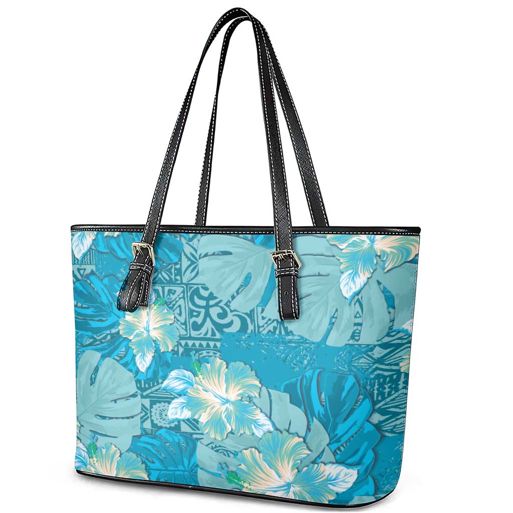 Hawaii Leather Tote Bag Teal Polynesian Monstera Patterns - Polynesian Pride