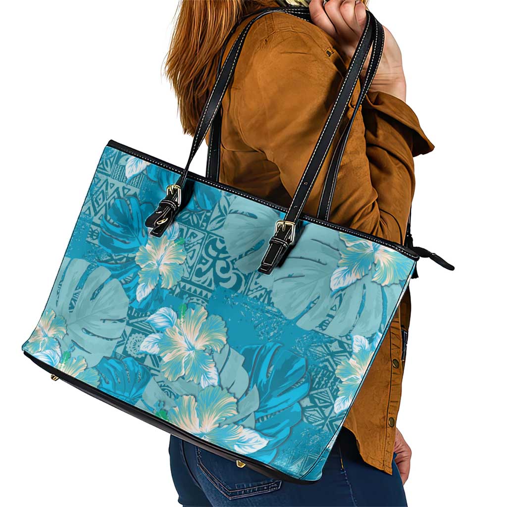 Hawaii Leather Tote Bag Teal Polynesian Monstera Patterns - Polynesian Pride