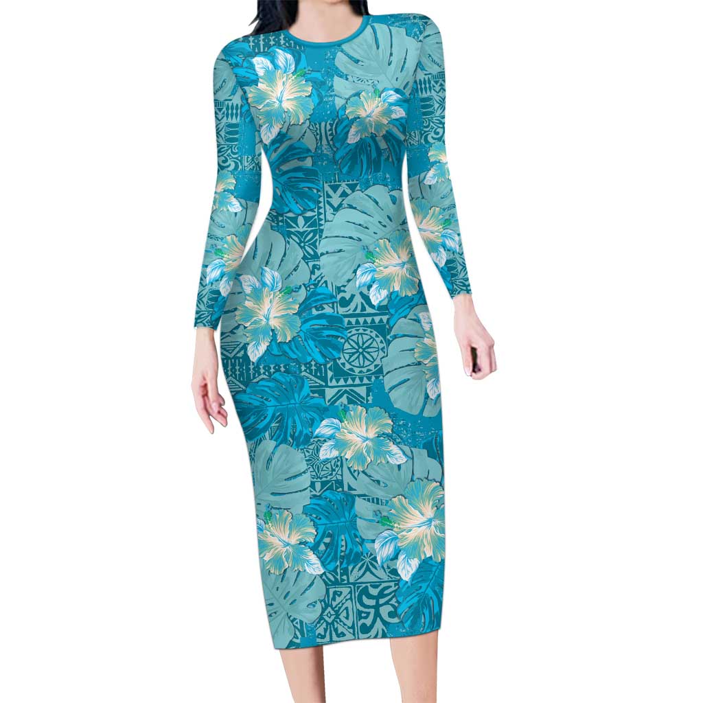 Hawaii Long Sleeve Bodycon Dress Teal Polynesian Monstera Patterns - Polynesian Pride