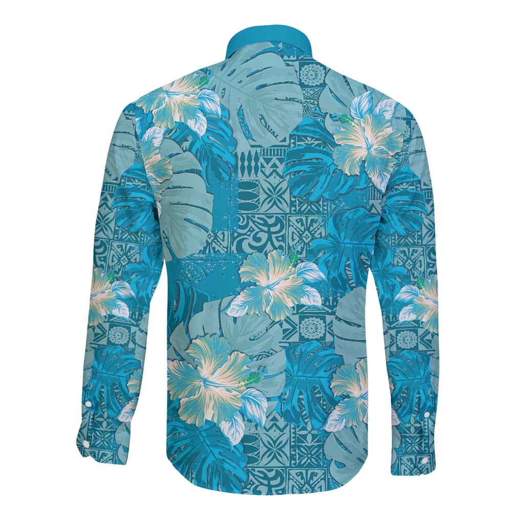 Hawaii Long Sleeve Button Shirt Teal Polynesian Monstera Patterns DT05 - Polynesian Pride