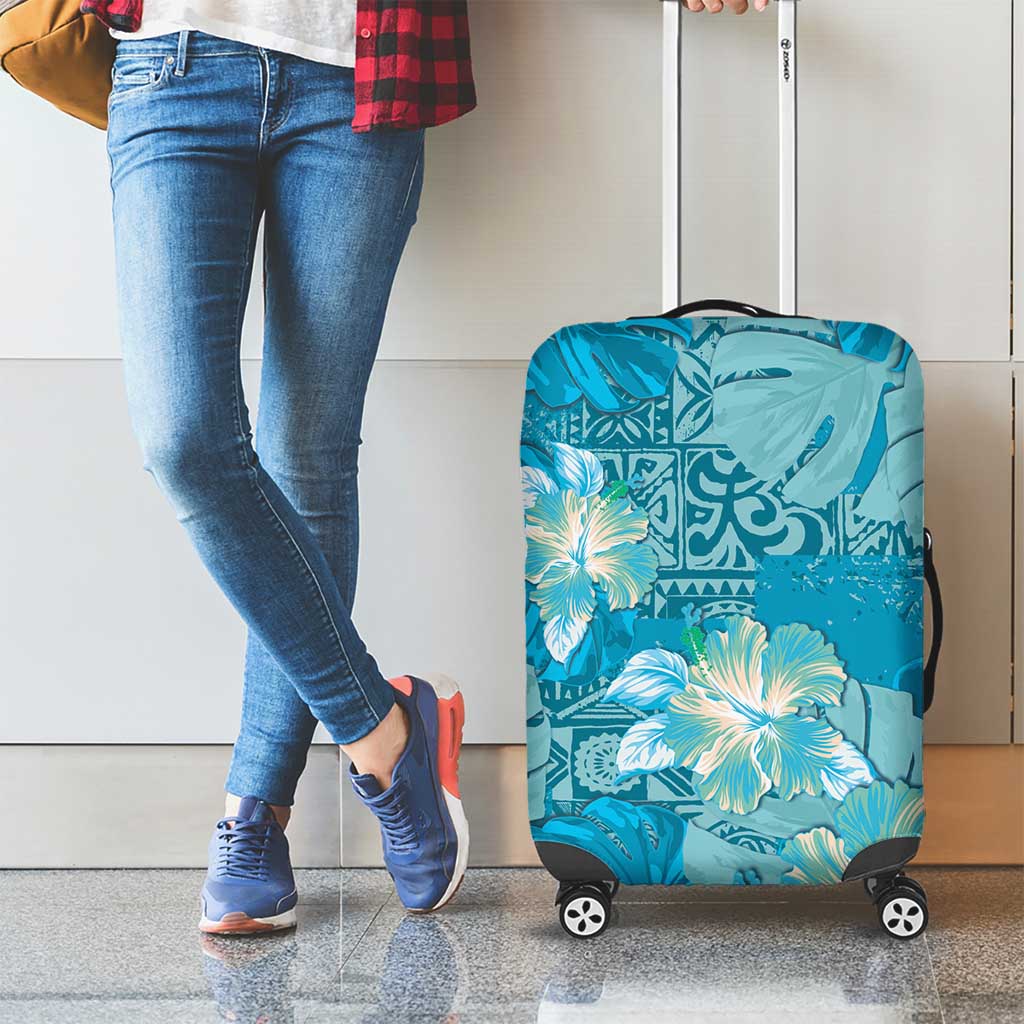 Hawaii Luggage Cover Teal Polynesian Monstera Patterns - Polynesian Pride