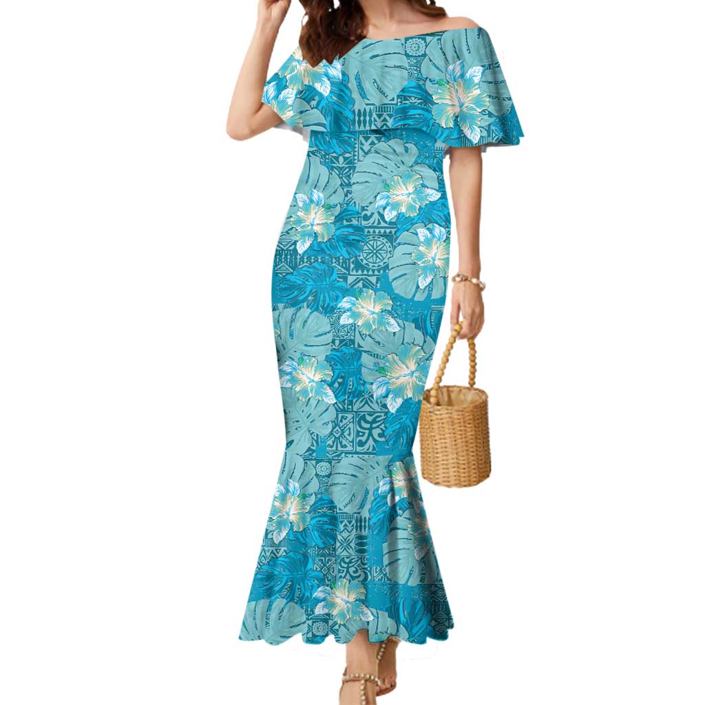 Hawaii Mermaid Dress Teal Polynesian Monstera Patterns - Polynesian Pride
