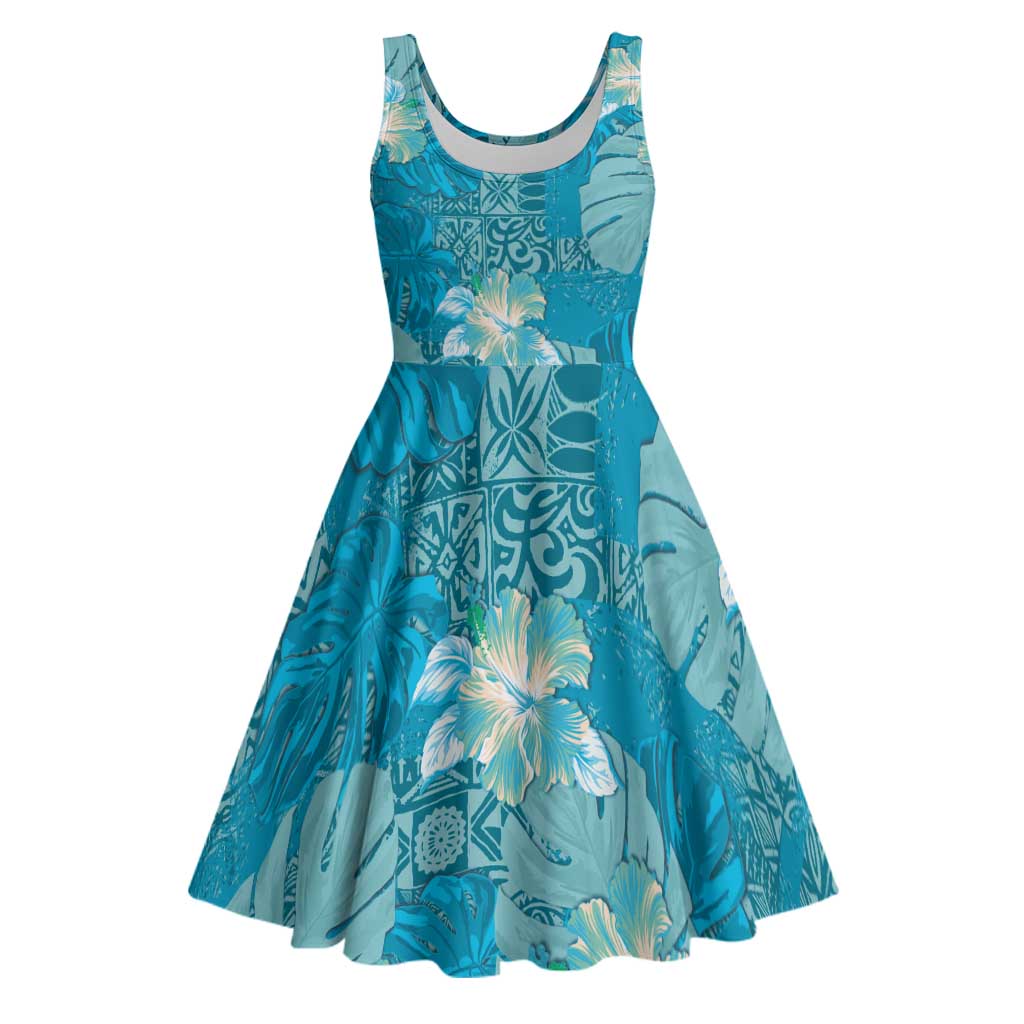 Hawaii Midi Dress Teal Polynesian Monstera Patterns - Polynesian Pride