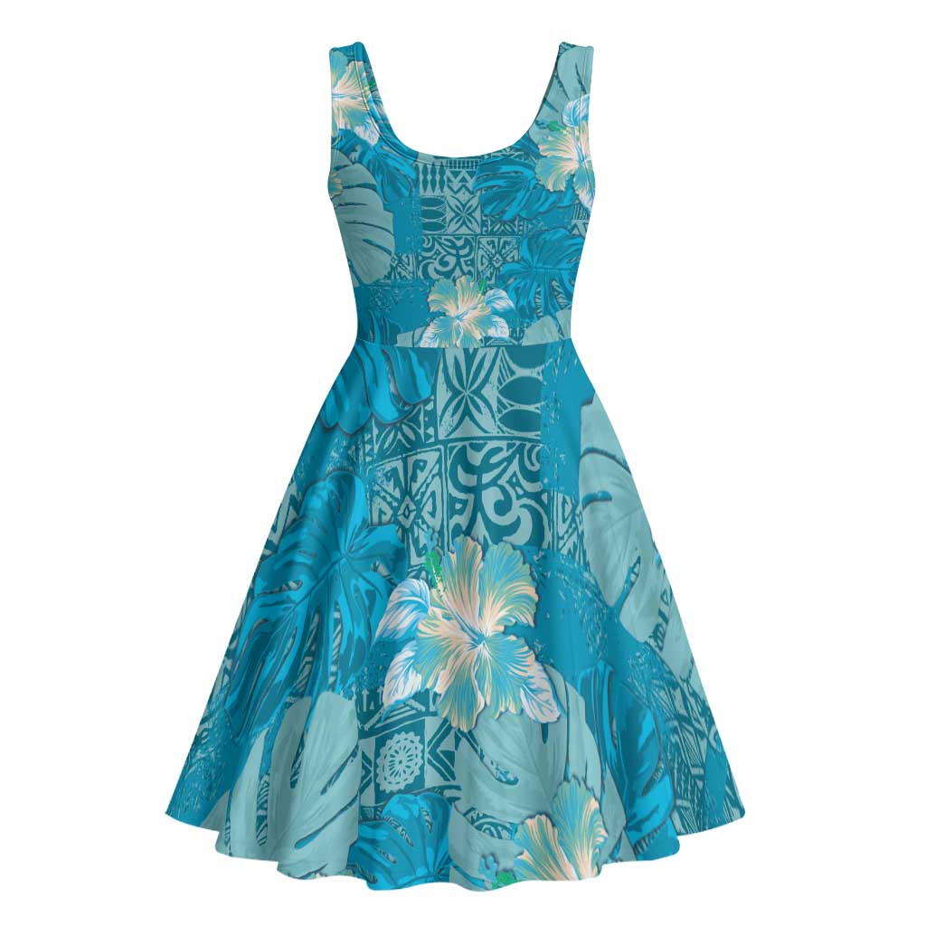 Hawaii Midi Dress Teal Polynesian Monstera Patterns - Polynesian Pride