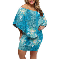 Hawaii Off Shoulder Short Dress Teal Polynesian Monstera Patterns - Polynesian Pride