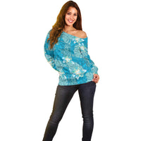 Hawaii Off Shoulder Sweater Teal Polynesian Monstera Patterns - Polynesian Pride