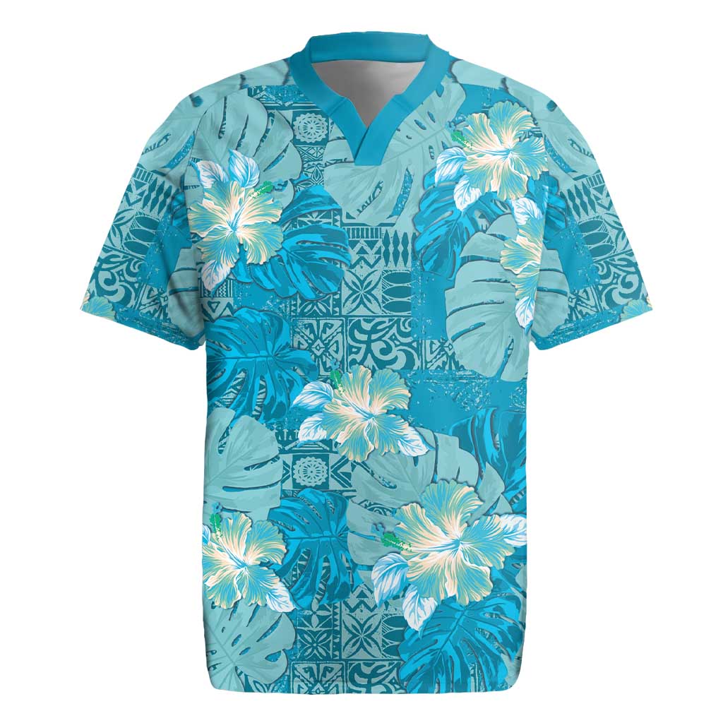 Hawaii Rugby Jersey Teal Polynesian Monstera Patterns DT05 Teal - Polynesian Pride