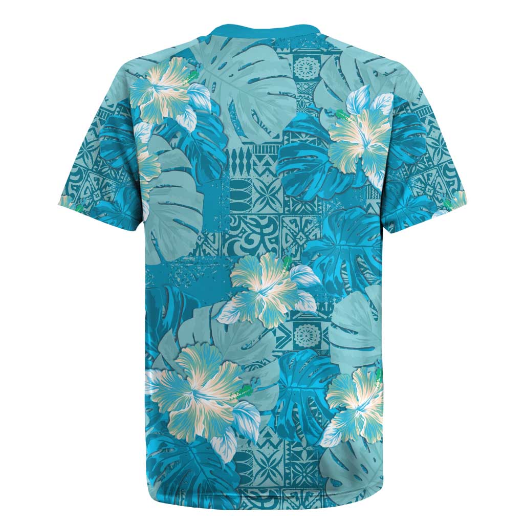 Hawaii Rugby Jersey Teal Polynesian Monstera Patterns DT05 - Polynesian Pride