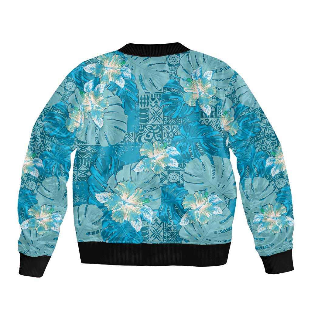 Hawaii Sleeve Zip Bomber Jacket Teal Polynesian Monstera Patterns - Polynesian Pride