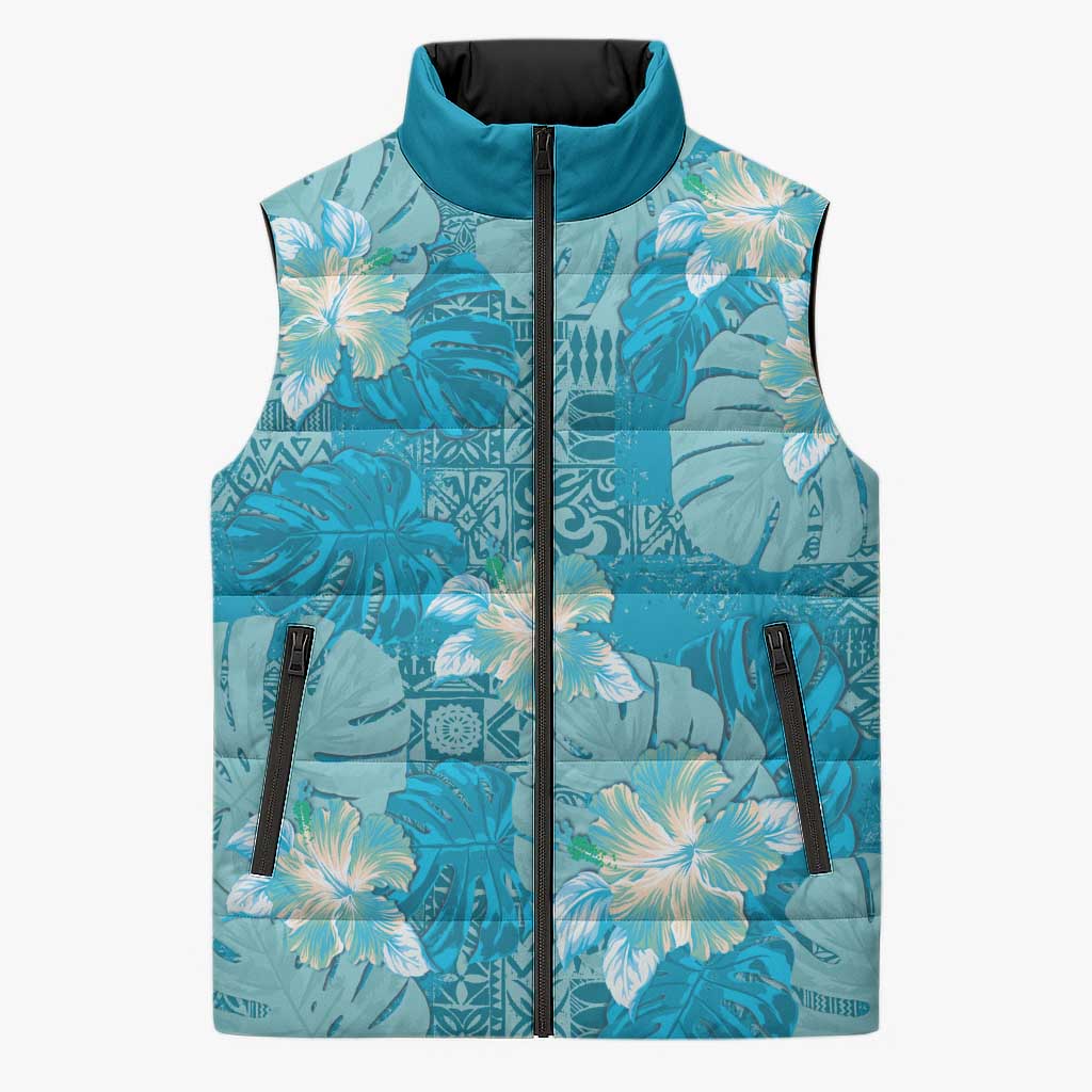 Hawaii Sleeveless Puffer Jacket Teal Polynesian Monstera Patterns DT05 Unisex Teal - Polynesian Pride