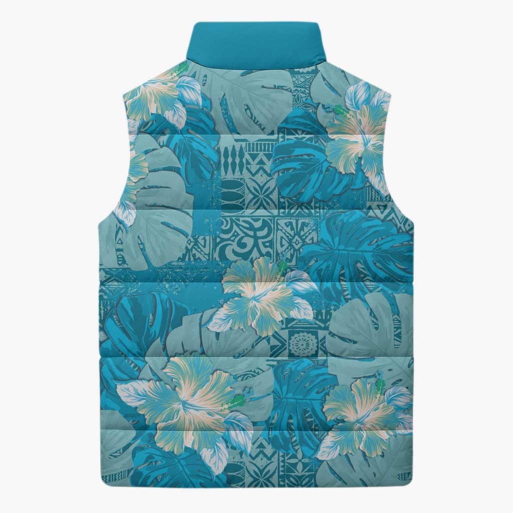 Hawaii Sleeveless Puffer Jacket Teal Polynesian Monstera Patterns DT05 - Polynesian Pride