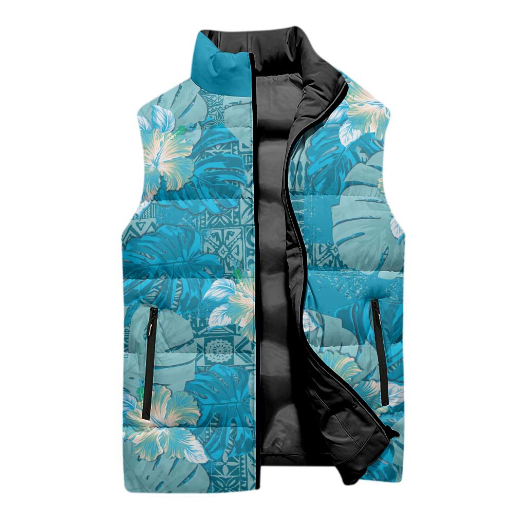 Hawaii Sleeveless Puffer Jacket Teal Polynesian Monstera Patterns DT05 - Polynesian Pride