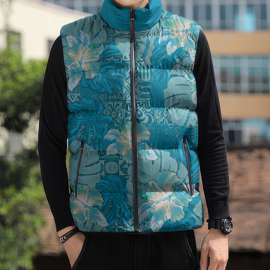 Hawaii Sleeveless Puffer Jacket Teal Polynesian Monstera Patterns DT05 - Polynesian Pride