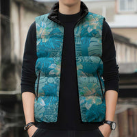 Hawaii Sleeveless Puffer Jacket Teal Polynesian Monstera Patterns DT05 - Polynesian Pride
