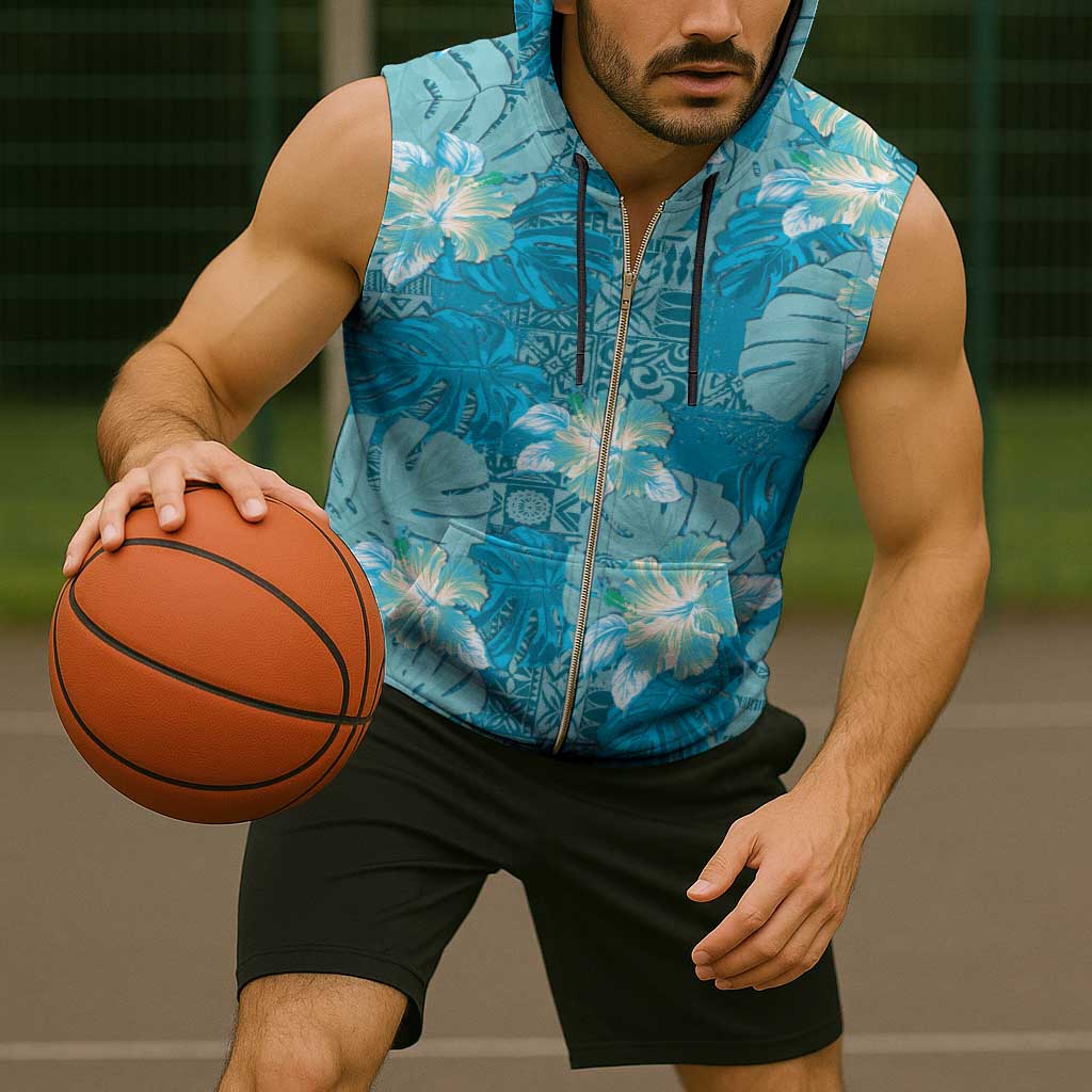 Hawaii Sleeveless Zip Hoodie Teal Polynesian Monstera Patterns - Polynesian Pride