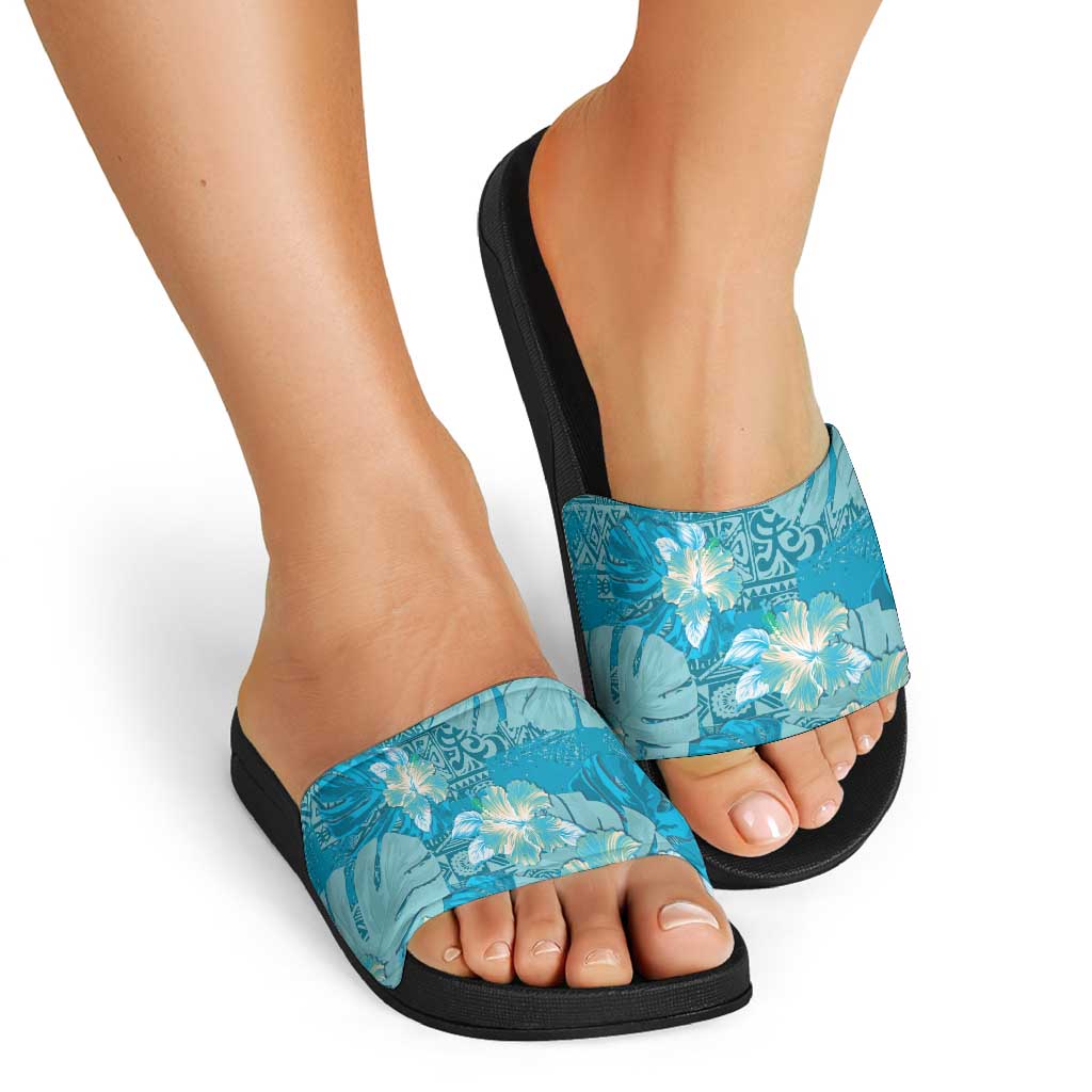 Hawaii Slide Sandals Teal Polynesian Monstera Patterns - Polynesian Pride