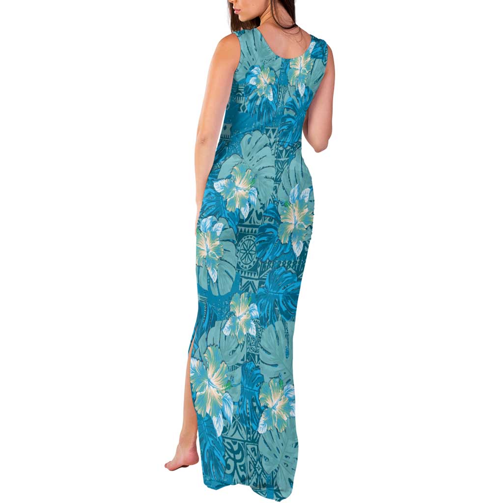 Hawaii Tank Maxi Dress Teal Polynesian Monstera Patterns - Polynesian Pride