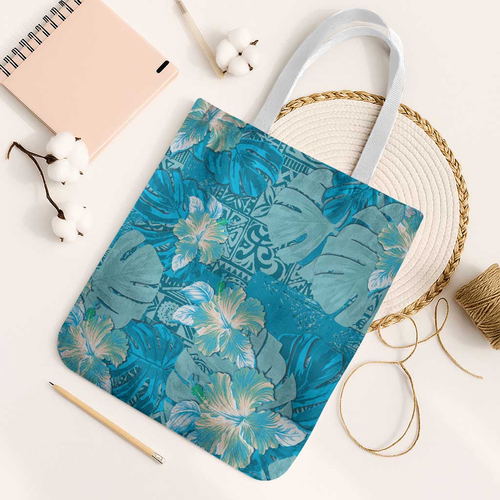 Hawaii Tote Bag Teal Polynesian Monstera Patterns DT05 White Strap One Size Teal - Polynesian Pride
