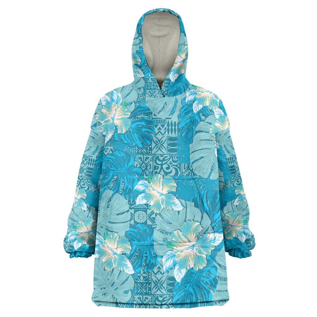 Hawaii Wearable Blanket Hoodie Teal Polynesian Monstera Patterns DT05 One Size Teal - Polynesian Pride