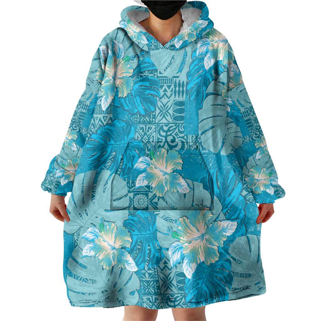 Hawaii Wearable Blanket Hoodie Teal Polynesian Monstera Patterns DT05 - Polynesian Pride