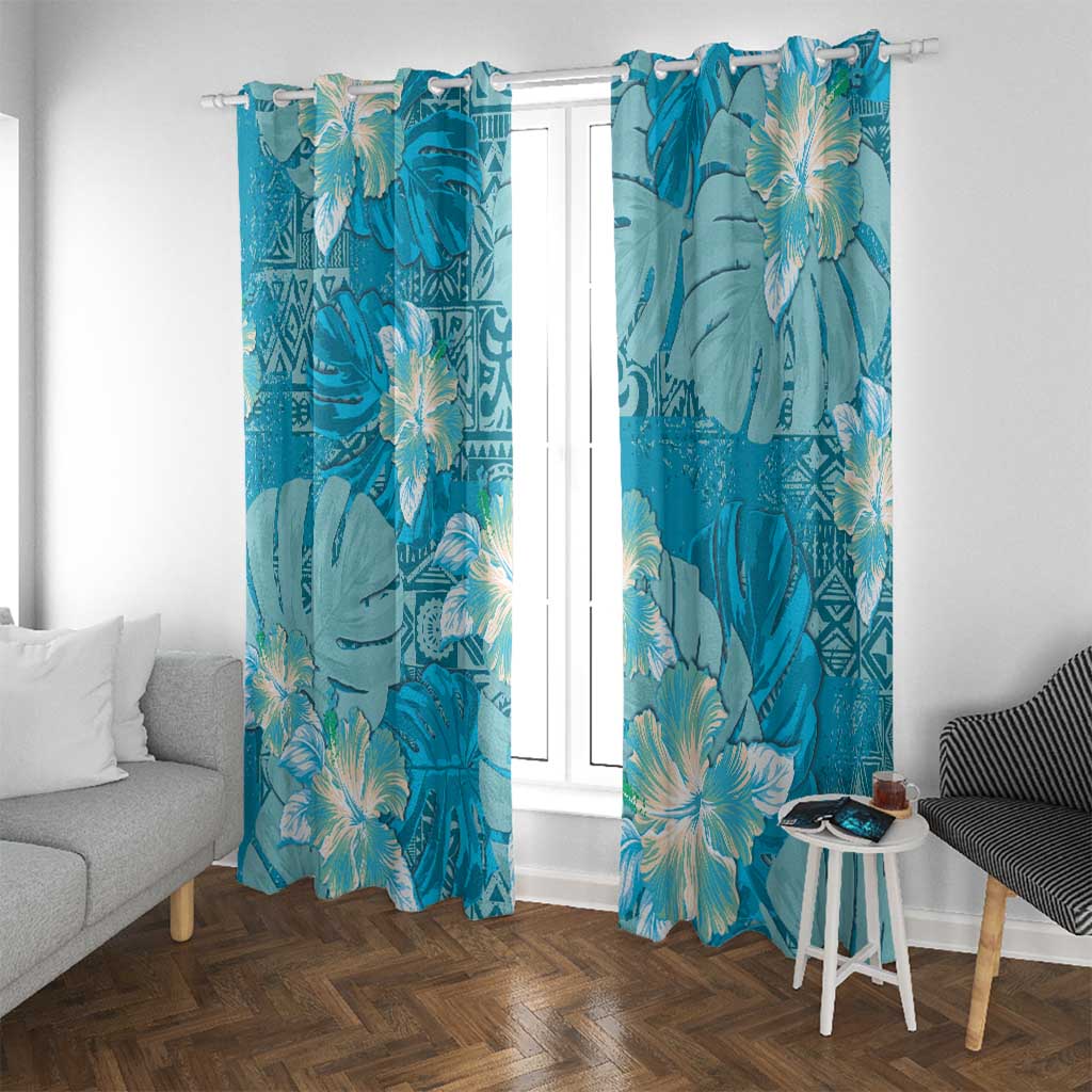 Hawaii Window Curtain Teal Polynesian Monstera Patterns - Polynesian Pride