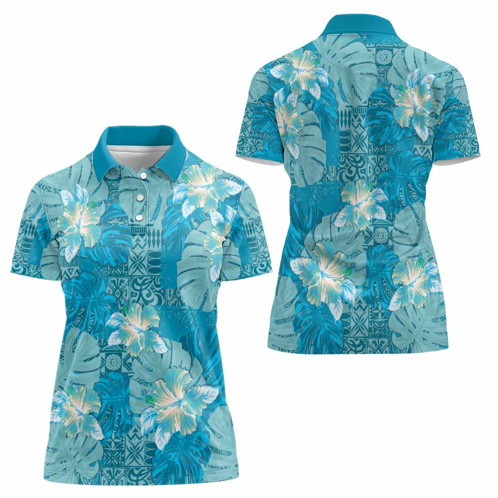 Hawaii Women Polo Shirt Teal Polynesian Monstera Patterns - Polynesian Pride