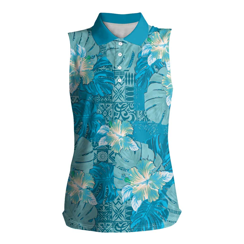 Hawaii Women Sleeveless Polo Shirt Teal Polynesian Monstera Patterns DT05 Female Teal - Polynesian Pride