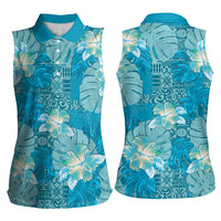 Hawaii Women Sleeveless Polo Shirt Teal Polynesian Monstera Patterns DT05 - Polynesian Pride