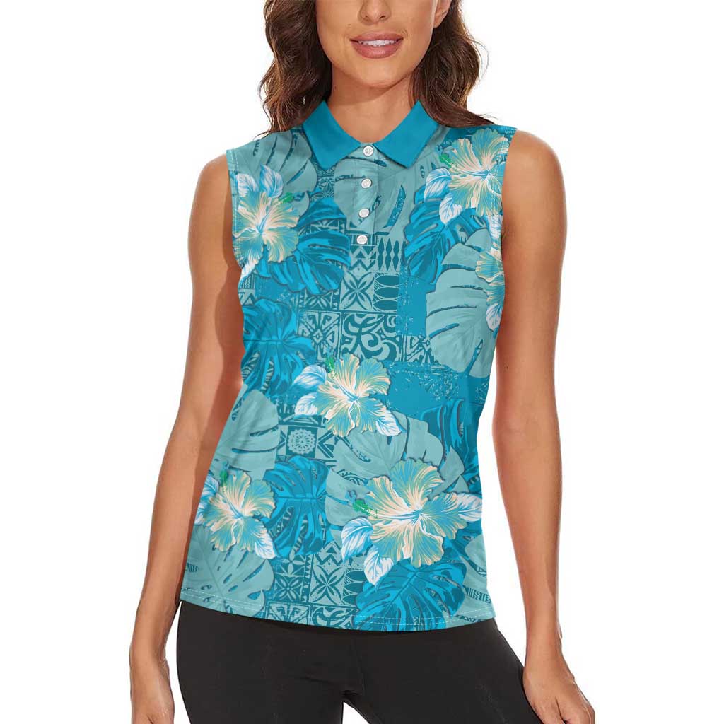 Hawaii Women Sleeveless Polo Shirt Teal Polynesian Monstera Patterns DT05 - Polynesian Pride