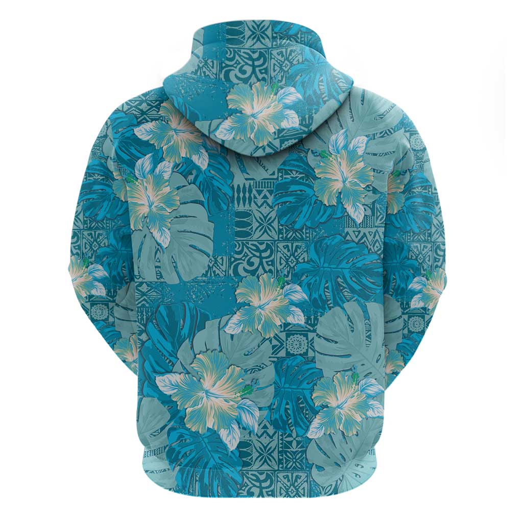 Hawaii Zip Hoodie Teal Polynesian Monstera Patterns - Polynesian Pride