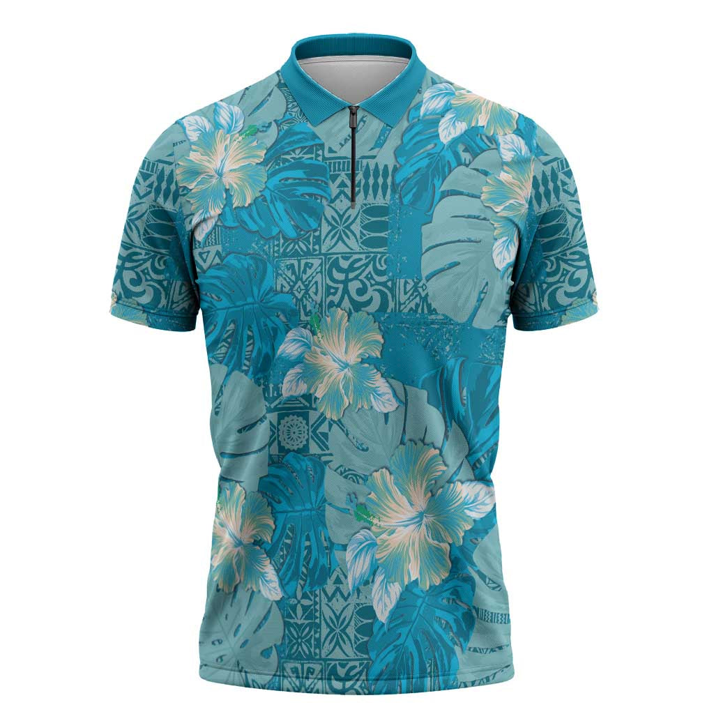 Hawaii Zipper Polo Shirt Teal Polynesian Monstera Patterns DT05 Teal - Polynesian Pride