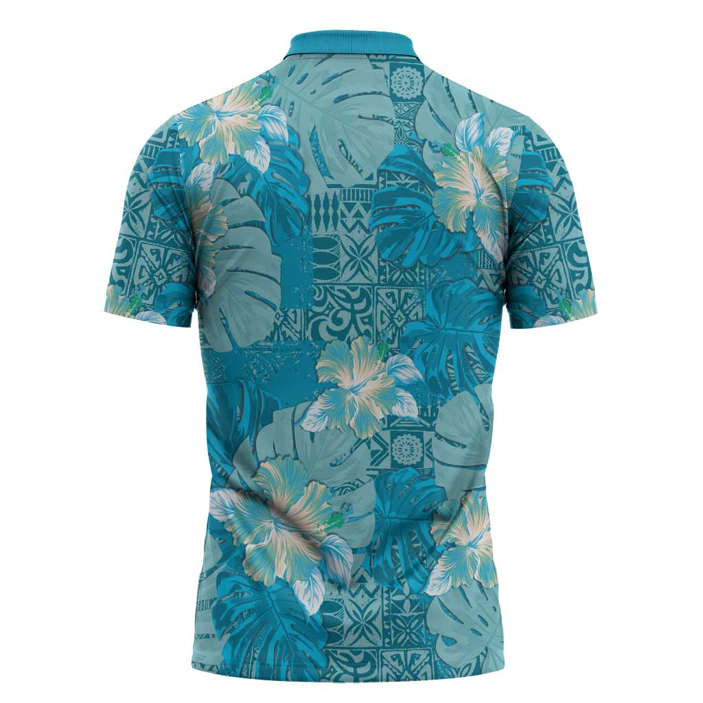 Hawaii Zipper Polo Shirt Teal Polynesian Monstera Patterns DT05 - Polynesian Pride