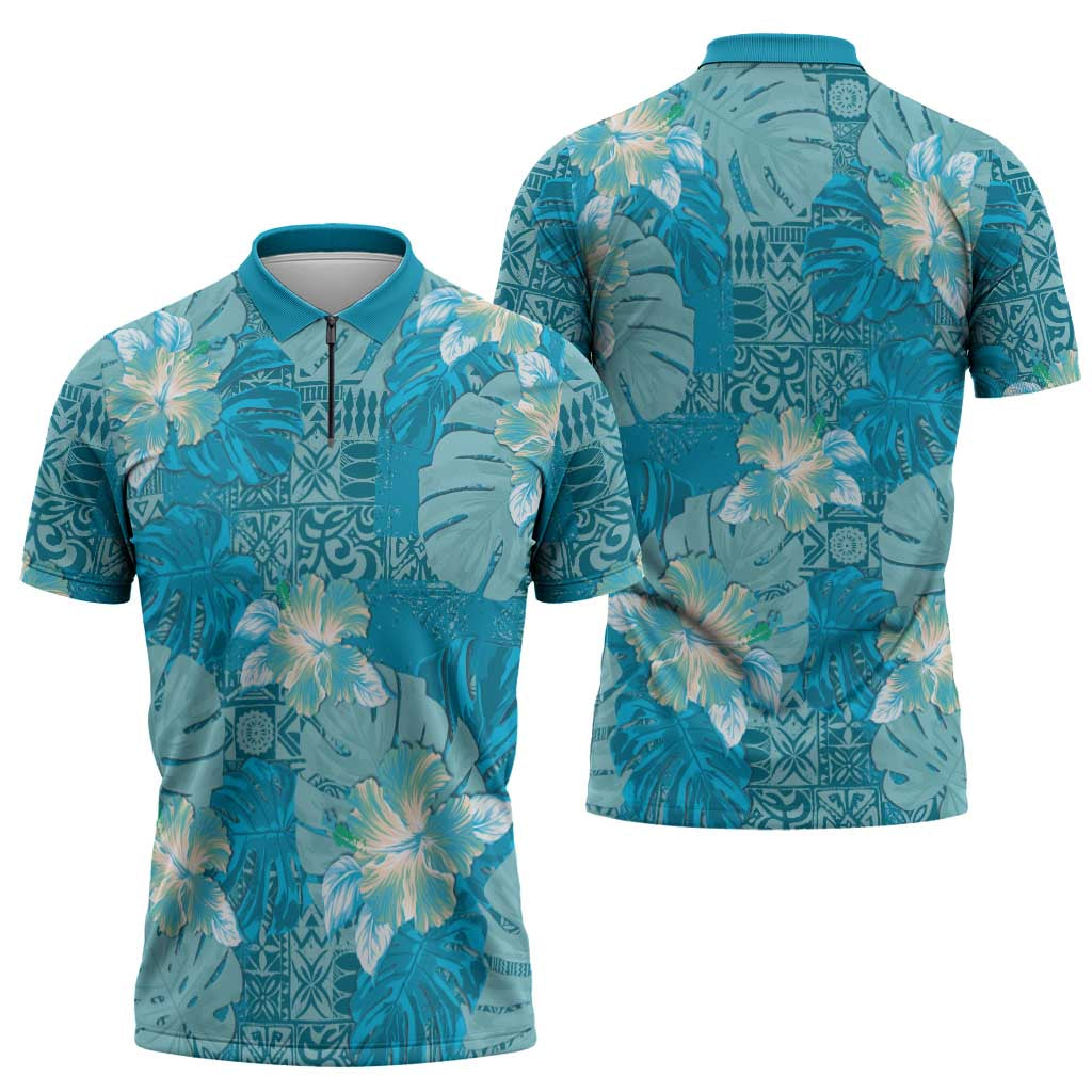 Hawaii Zipper Polo Shirt Teal Polynesian Monstera Patterns DT05 - Polynesian Pride