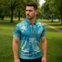 Hawaii Zipper Polo Shirt Teal Polynesian Monstera Patterns DT05 - Polynesian Pride
