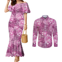Hawaii Couples Matching Mermaid Dress and Long Sleeve Button Shirt Magenta Polynesian Monstera Patterns - Polynesian Pride