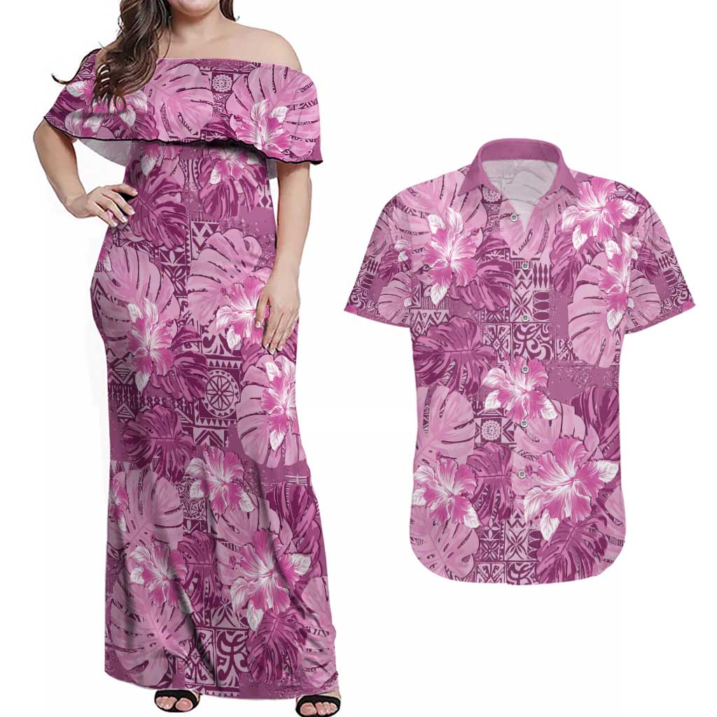 Hawaii Couples Matching Off Shoulder Maxi Dress and Hawaiian Shirt Magenta Polynesian Monstera Patterns - Polynesian Pride