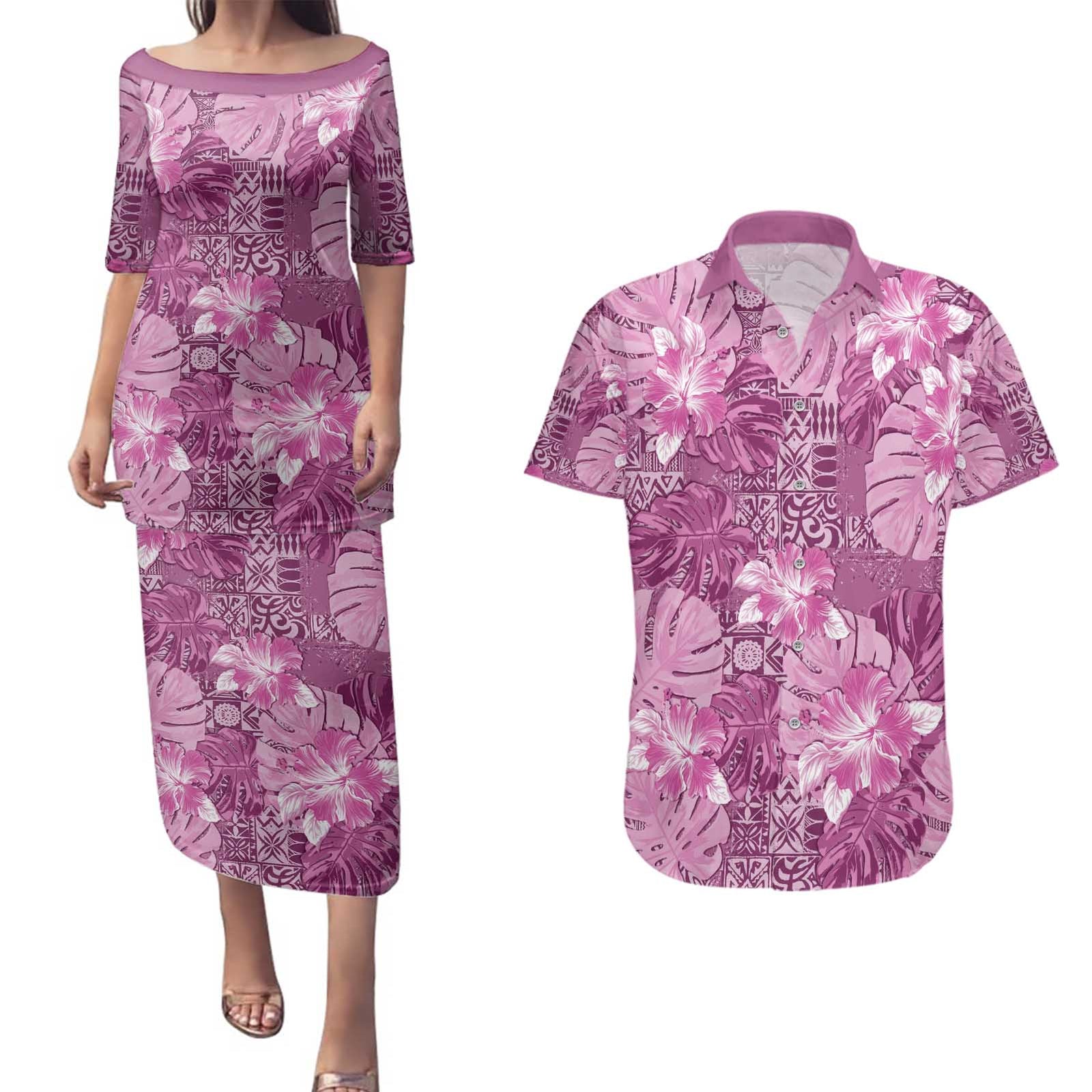 Hawaii Couples Matching Puletasi and Hawaiian Shirt Magenta Polynesian Monstera Patterns DT05 Magenta - Polynesian Pride
