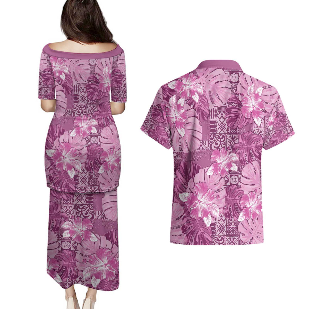 Hawaii Couples Matching Puletasi and Hawaiian Shirt Magenta Polynesian Monstera Patterns DT05 - Polynesian Pride