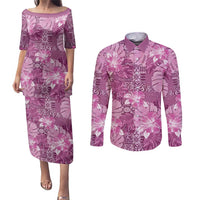 Hawaii Couples Matching Puletasi and Long Sleeve Button Shirt Magenta Polynesian Monstera Patterns DT05 Magenta - Polynesian Pride