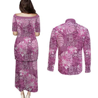 Hawaii Couples Matching Puletasi and Long Sleeve Button Shirt Magenta Polynesian Monstera Patterns DT05 - Polynesian Pride