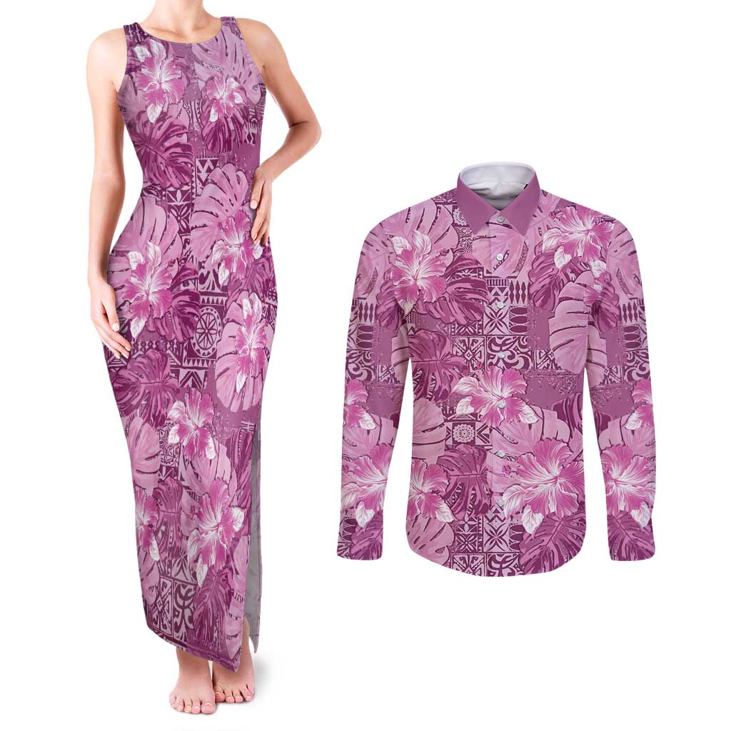 Hawaii Couples Matching Tank Maxi Dress and Long Sleeve Button Shirt Magenta Polynesian Monstera Patterns - Polynesian Pride