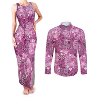 Hawaii Couples Matching Tank Maxi Dress and Long Sleeve Button Shirt Magenta Polynesian Monstera Patterns - Polynesian Pride