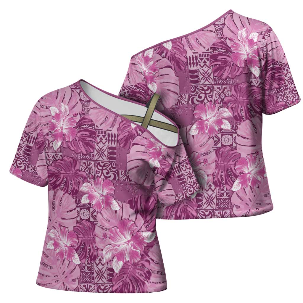 Hawaii Cross Shoulder Shirt Magenta Polynesian Monstera Patterns DT05 - Polynesian Pride