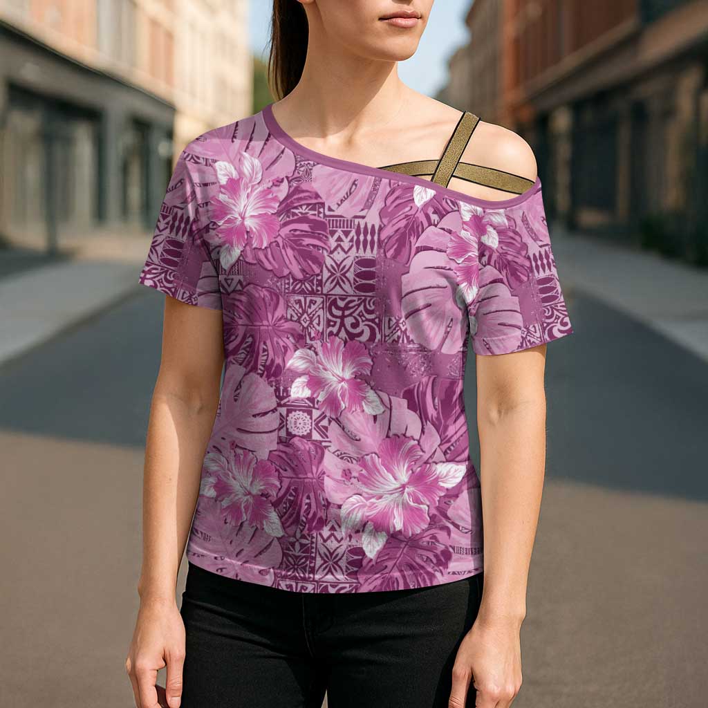 Hawaii Cross Shoulder Shirt Magenta Polynesian Monstera Patterns DT05 - Polynesian Pride