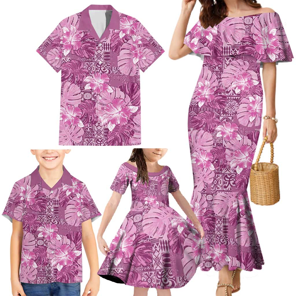 Hawaii Family Matching Mermaid Dress and Hawaiian Shirt Magenta Polynesian Monstera Patterns - Polynesian Pride