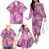Hawaii Family Matching Off The Shoulder Long Sleeve Dress and Hawaiian Shirt Magenta Polynesian Monstera Patterns - Polynesian Pride