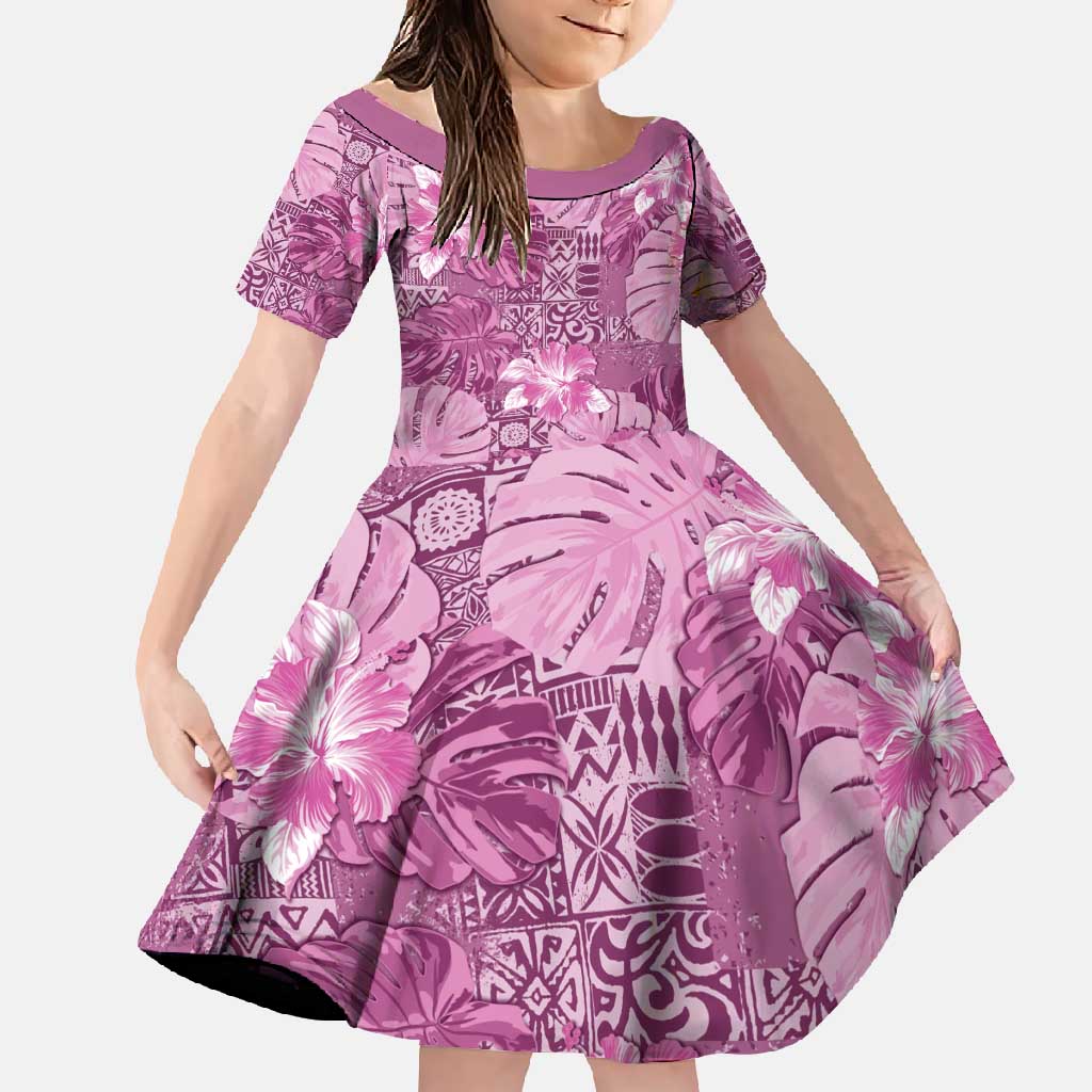 Hawaii Family Matching Off Shoulder Maxi Dress and Hawaiian Shirt Magenta Polynesian Monstera Patterns - Polynesian Pride